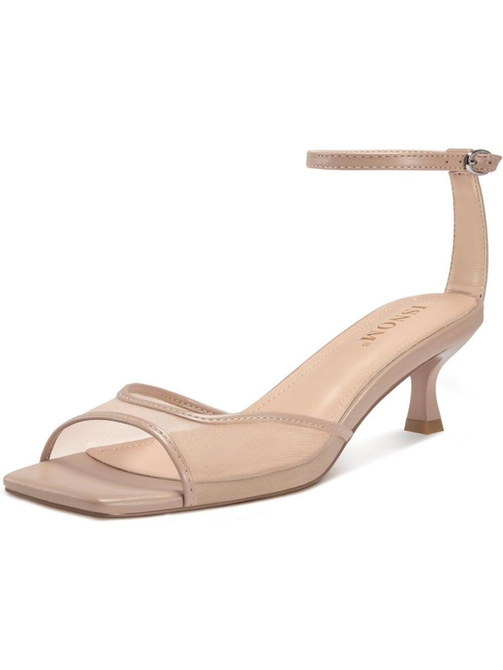 Womens Matte Nude Mesh Kitten Heels Square Toe Ankle Strap Low Heels Sandals